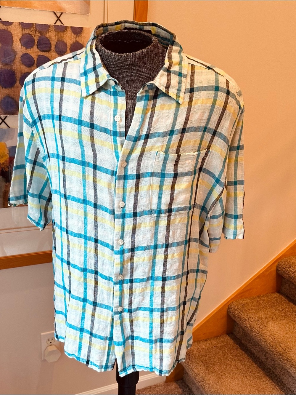Alan Flusser Teal, Linen/cotton weave Plaid Short-Sleeve Button-Down Shirt